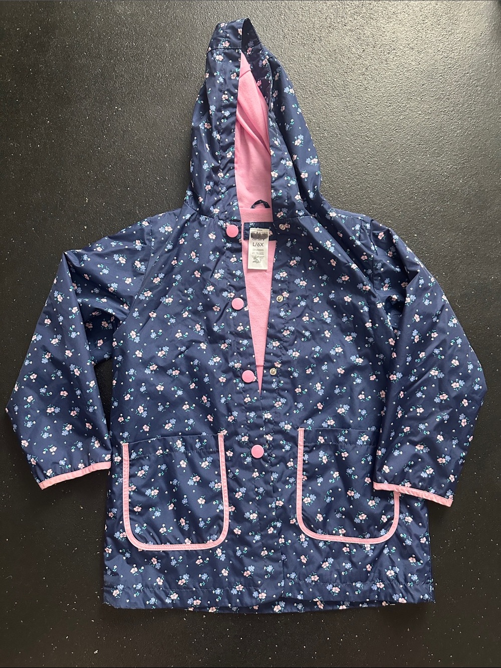 Carters Girls' Navy Floral Rain Jacket with Pink Trim - snap close - 6x/L